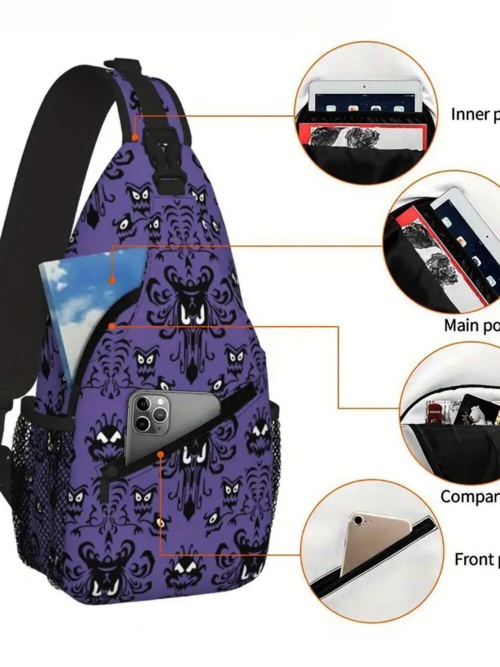 NEW! Haunted Mansion Purple Wallpaper Sling Bag Crossbody Foolish Mortal Disney - Picture 5 of 7